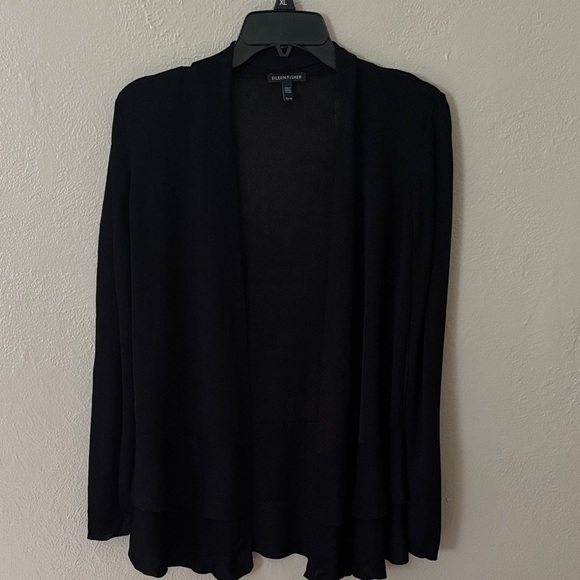 Eileen Fisher Women’s 2 Tier Open Front Cardigan Black XS Oversized Semi Sheer - Picture 1 of 7